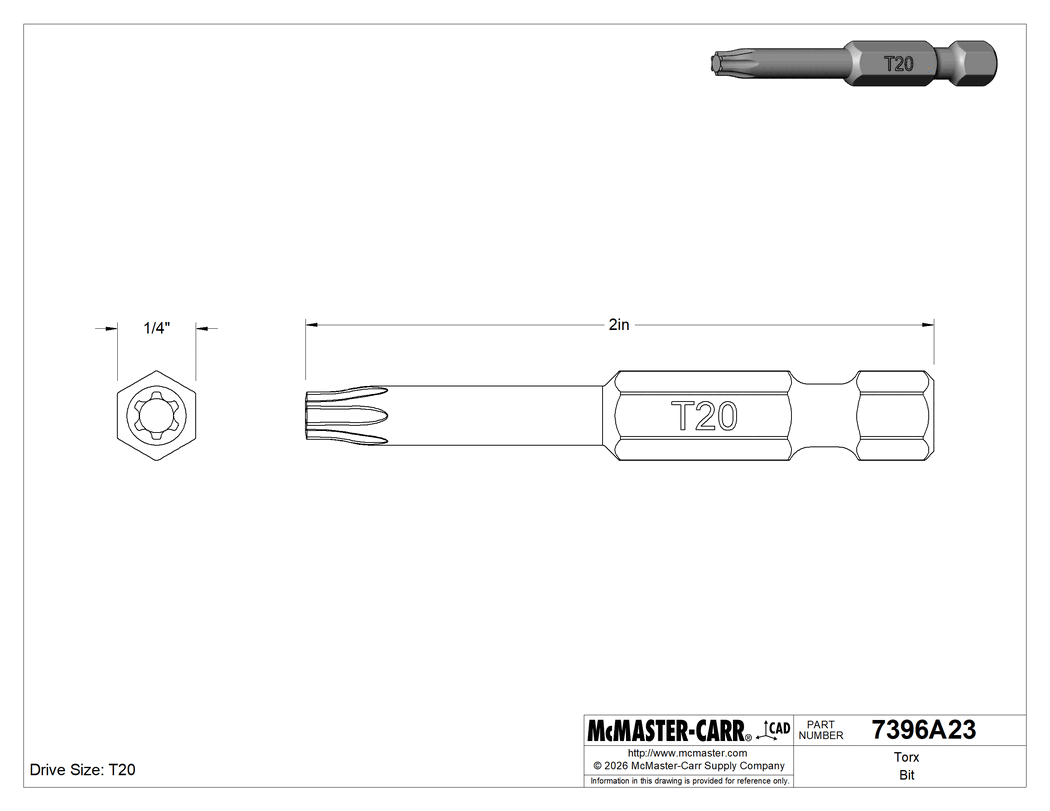 Technical Drawing of Torx Bit, 1/4" Hex Shank for Power Tools, T20 Size, 2" Overall Length .